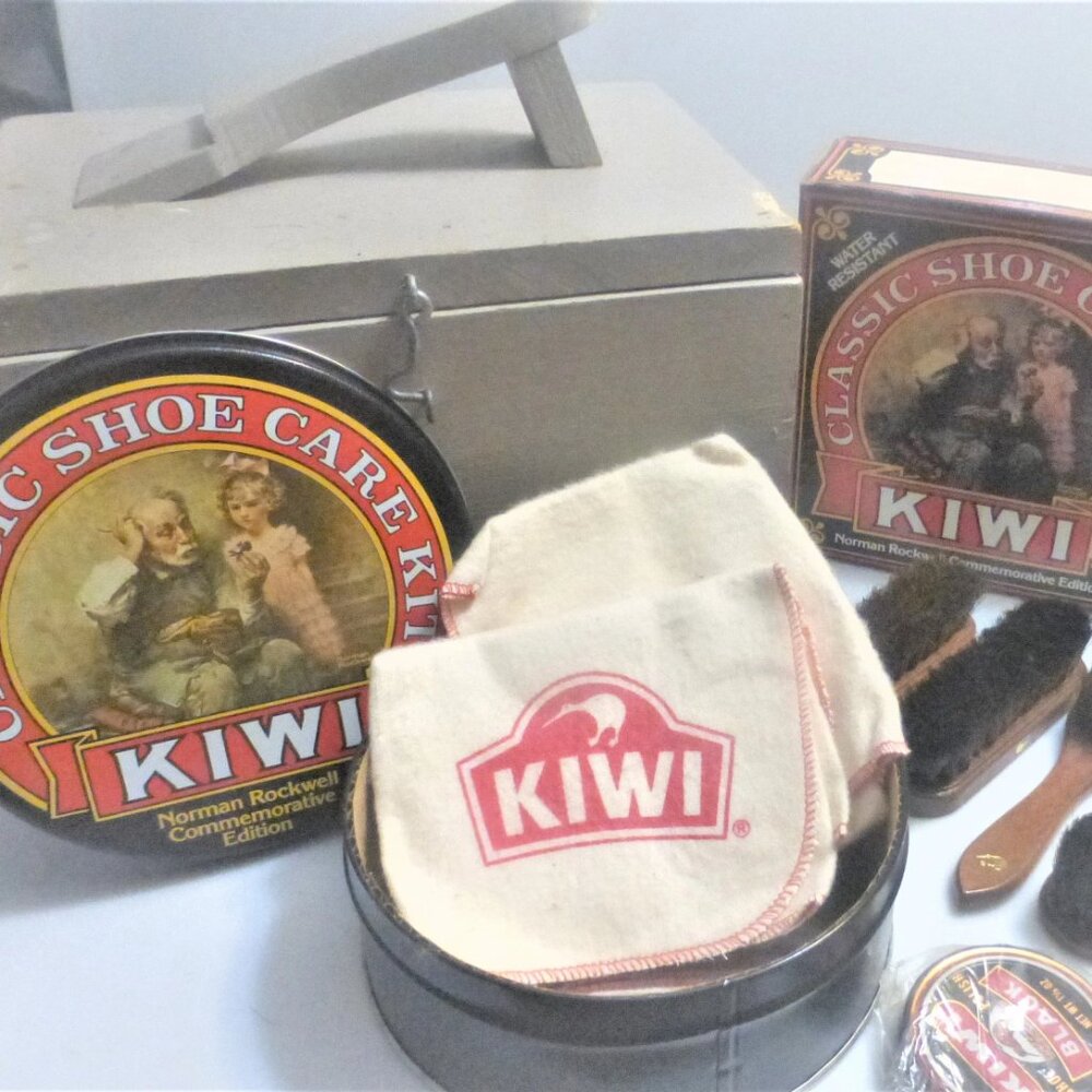 Vintage SHOE SHINE Wood Box & Norman Rockwell Water Resistant POLISH Kit Vintage